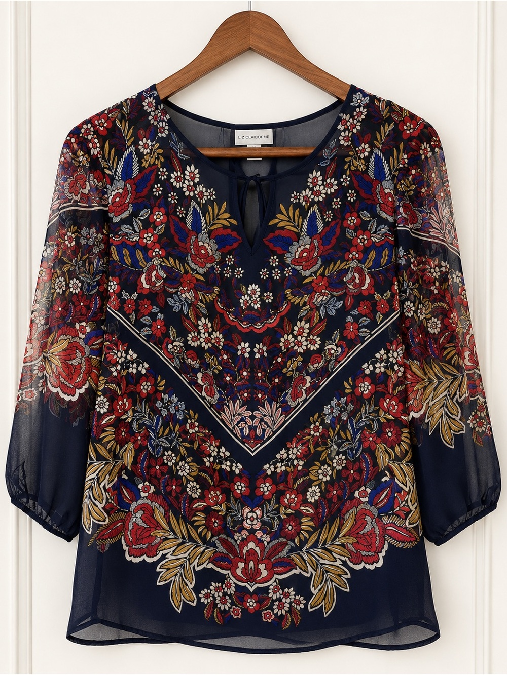 Liz Claiborne Floral Keyhole Blouse Navy Red Gold Sheer 3/4 Sleeve Boho Tunic M